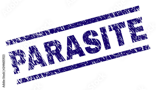 PARASITE seal stamp with grunge style. Blue vector rubber print of PARASITE label with grunge texture. Text label is placed between parallel lines.