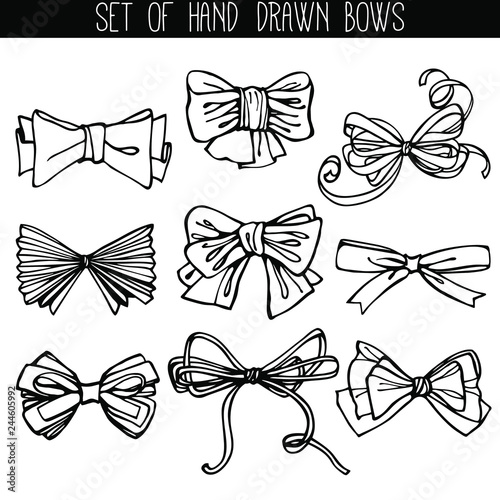 Set of hand drawn sketches of bows. Vector isolated on white background. Can be used for your design of greeting cards, wedding invitation, decoration of parties and gifts