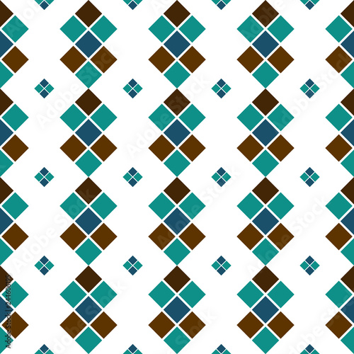 Seamless geometric vintage retro vector pattern background design oriental art with colorful squares diamonds tiled brown blue turquoise white