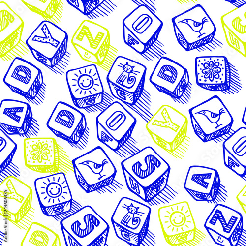 Seamless pattern with children's toy box of bricks with letters and pictures on it. Seamless vector hand drawn background. In yellow-blue tones