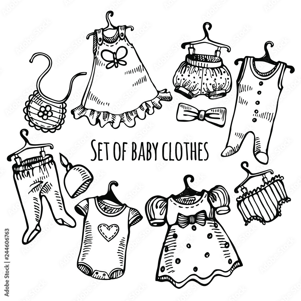 Hand drawn set of baby clothes on hangers: dress, pants, t-shirt, hat, bow,  trousers, sliders, bib, romper, jumper. Vector isolated outline on white  background. Sketch style Stock Vector