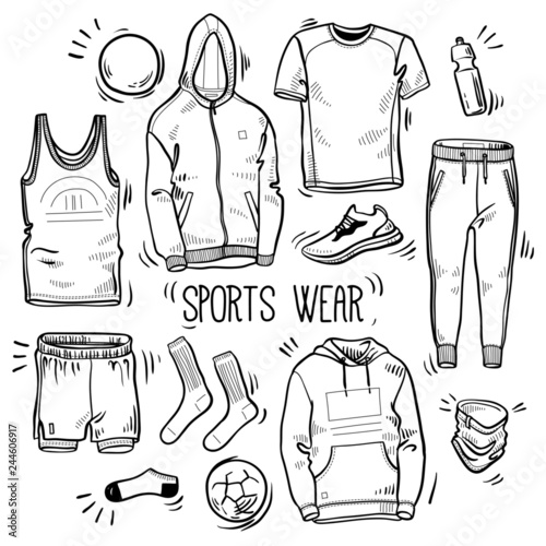 Hand drawn set of men's sportswear sketches: hoodie, sweatshirt, joggers, shorts, t-shirts, tank top, socks, water battle and trainer. Vector isolated illustration