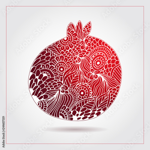 Healthy food logo, vector creative abstract pomegranate fruit. Decorative design for Jewish holidays. Tu Bishvat, Sukkot, Rosh Hashanah. Hand drawn pattern with pomegranate ornaments and elements.