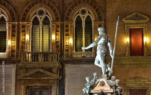 Bologna, Emilia Romagna, Italy. December 2018. The Neptune fountain at night