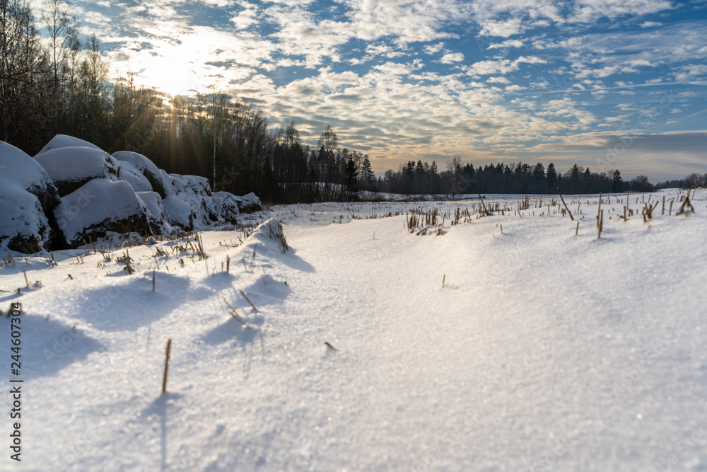 Empty Countryside Landscape in Sunny Winter Day with Snow Covering the Ground, Abstract Background with Deep Look