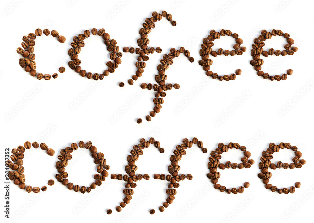 Coffee word in letters shaped with beans on white background. Coffee word in letters shaped with beans on white background.