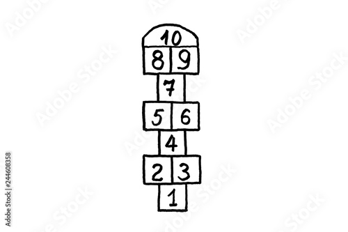 hopscotch game, drawn in black marker
