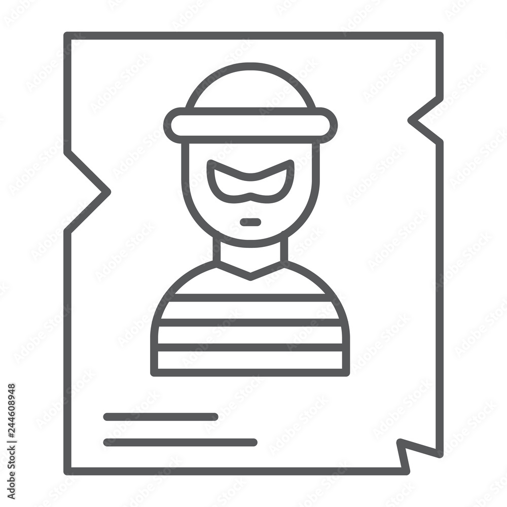 Wanted thin line icon, police and reward, poster sign, vector graphics, a linear pattern on a white background.