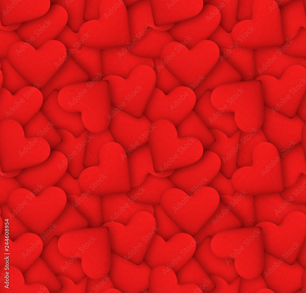 Seamless pattern of red hearts. Hearts covered with fabric. Illustration.