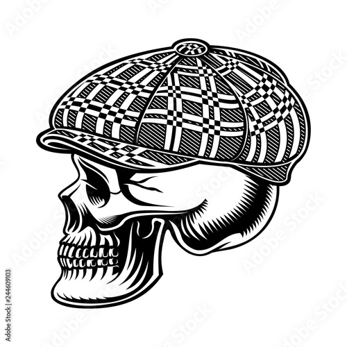 Black and white  illustration of a bully skull in cap