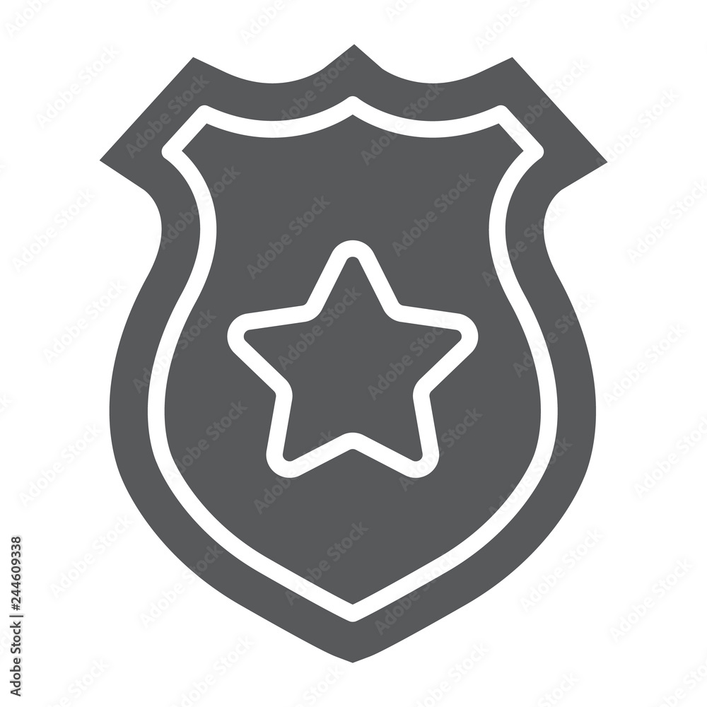 Police badge glyph icon, police and sheriff, officer badge sign, vector graphics, a solid pattern on a white background. Police badge glyph icon, police and sheriff, officer badge sign, vector graphics, a solid pattern on a white background.