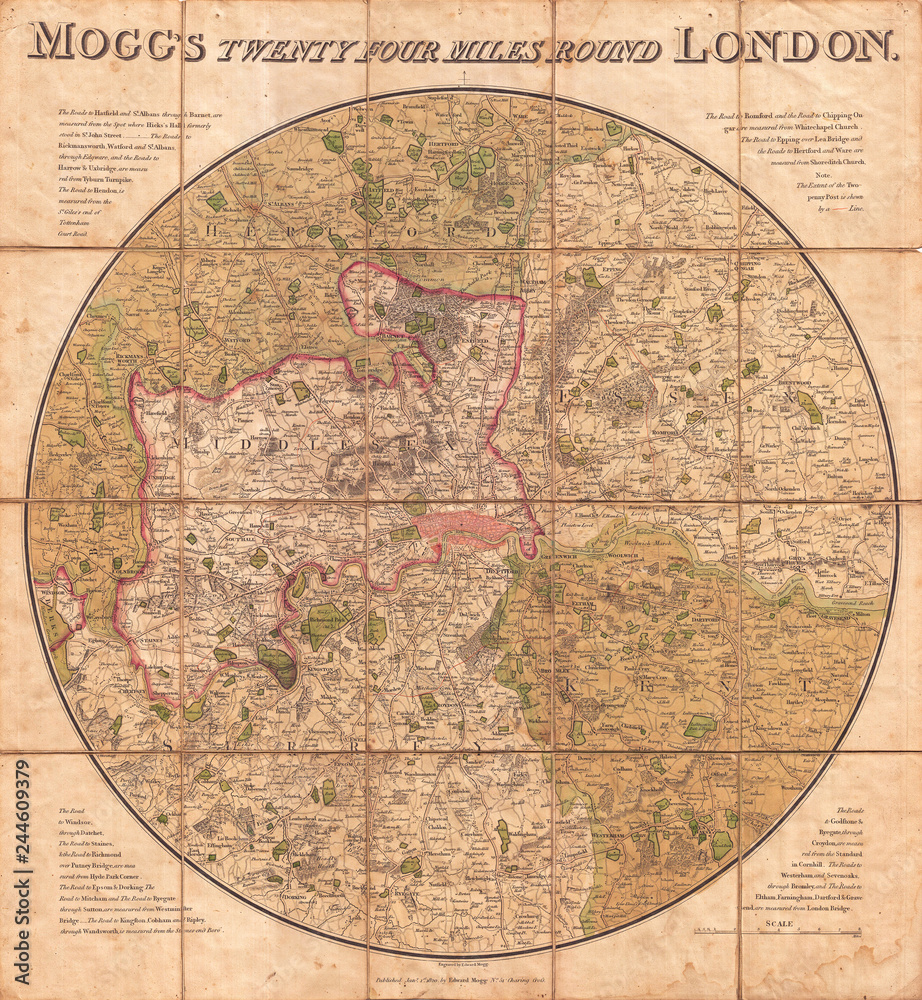 1820, Mogg Pocket or Case Map of London, England, 24 Miles around