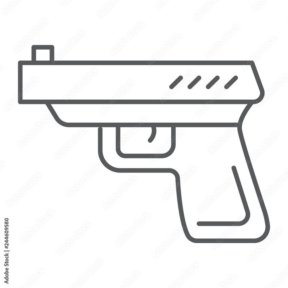 Gun thin line icon, weapon and revolver, pistol sign, vector graphics, a linear pattern on a white background. Gun thin line icon, weapon and revolver, pistol sign, vector graphics, a linear pattern on a white background.
