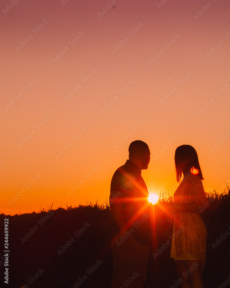 A Young Happy Engaged Couple Silhouette at Sunset. Two people in love, kissing, and holding each other.