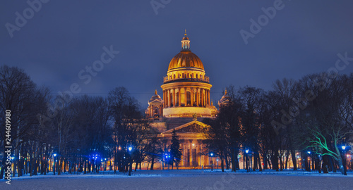 Winter Saint Petersburg. St. Isaac's Cathedral in Saint-Petersburg in the Christmas illumination decoration at night . Russia in the winter in the New Year.