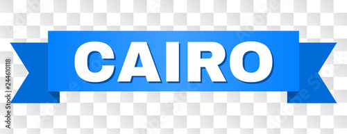 CAIRO text on a ribbon. Designed with white title and blue tape. Vector banner with CAIRO tag on a transparent background.