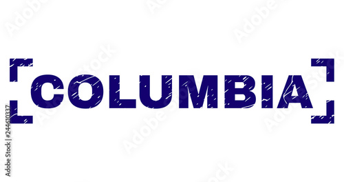 COLUMBIA title seal watermark with grunge texture. Text title is placed between corners. Blue vector rubber print of COLUMBIA with unclean texture.