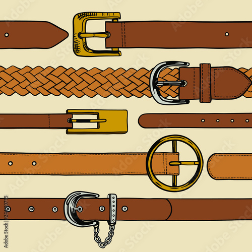 Sketch of leather belts with metal buckles. Vector colored illustration