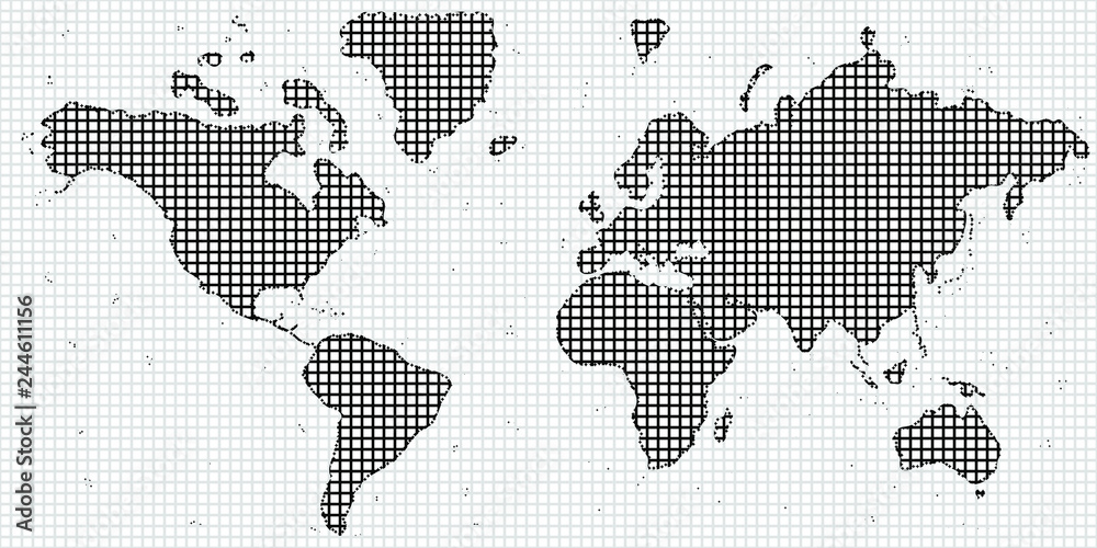 Fototapeta premium Black and White Striped Pattern with World Map. Mesh Image of the Surface of the Earth