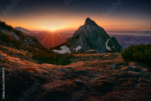 Sunrise in Tatra mountain. Giewont Peak