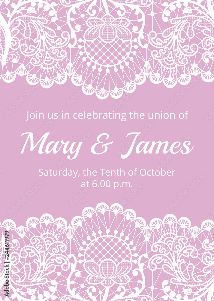 Wedding invitation template with white lace border on pink background Wedding invitation template with white lace border on pink background