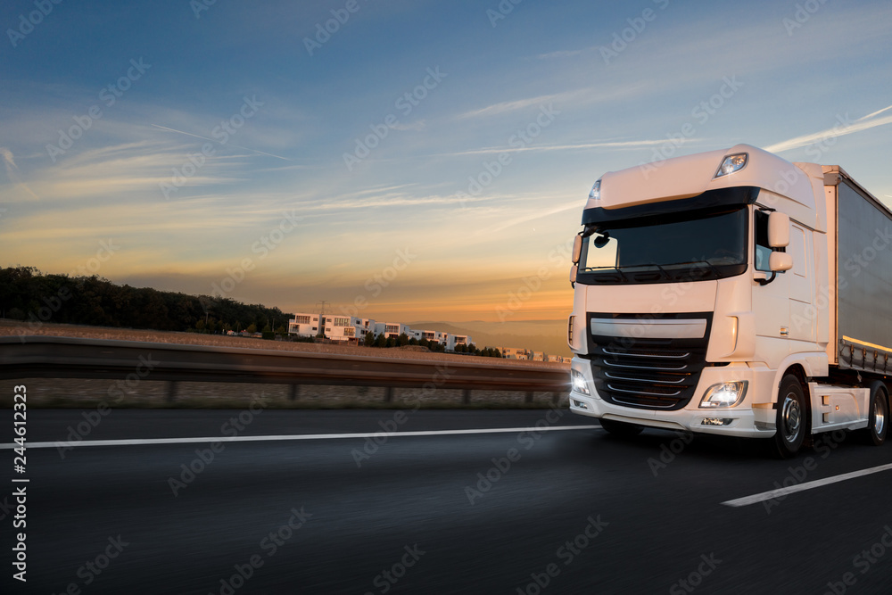 Truck with container on road, cargo transportation concept.