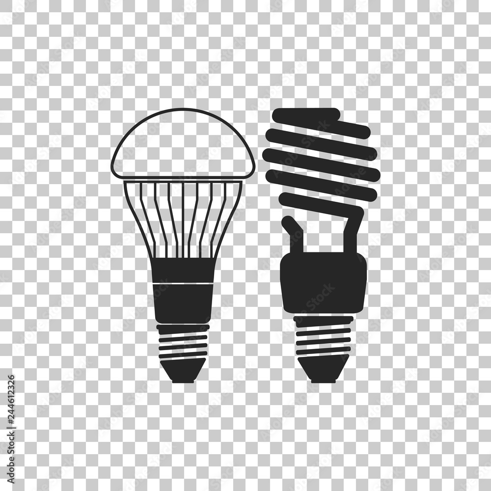 Obraz premium Economical LED illuminated lightbulb and fluorescent light bulb icon isolated on transparent background. Save energy lamp. Flat design. Vector Illustration