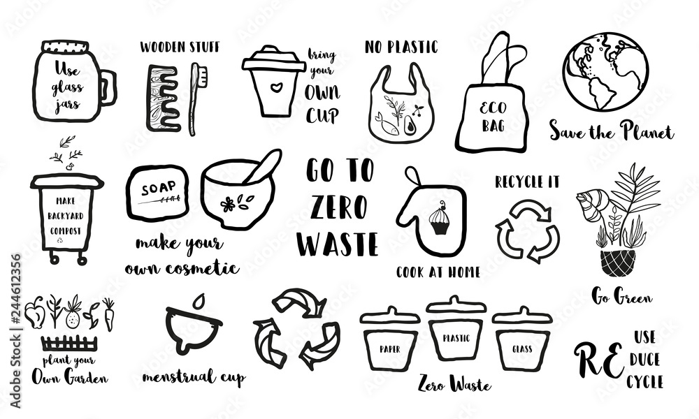 Hand drawn doodle elements of zero waste lifestyle.