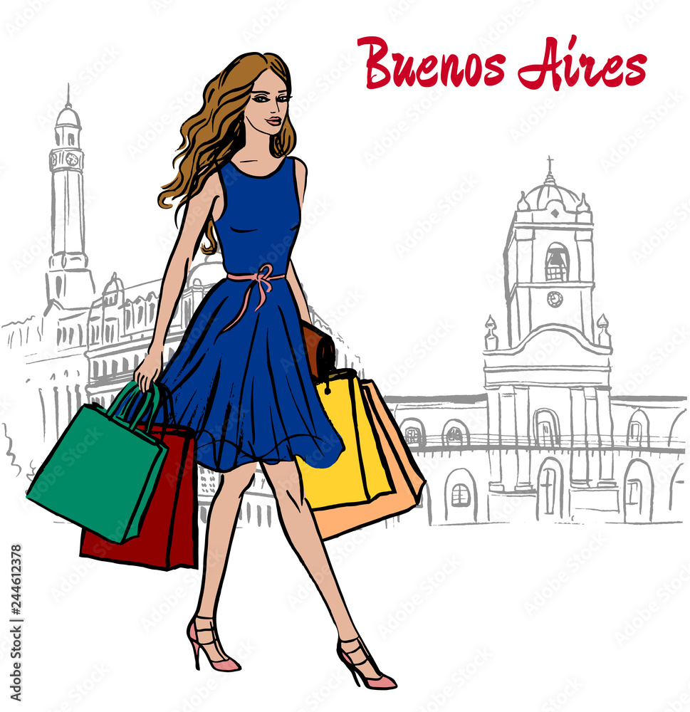 Hand-drawn sketch of woman on Plaza de Mayo, Bueno Aires, Argentina
