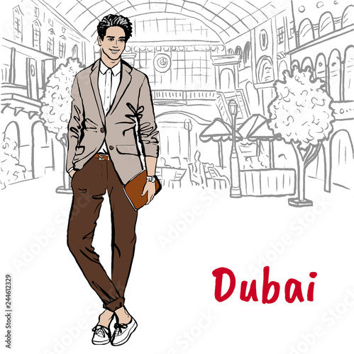 Man in shopping mall in Dubai, United Arab Emirates. Hand-drawn illustration. Fashion sketch