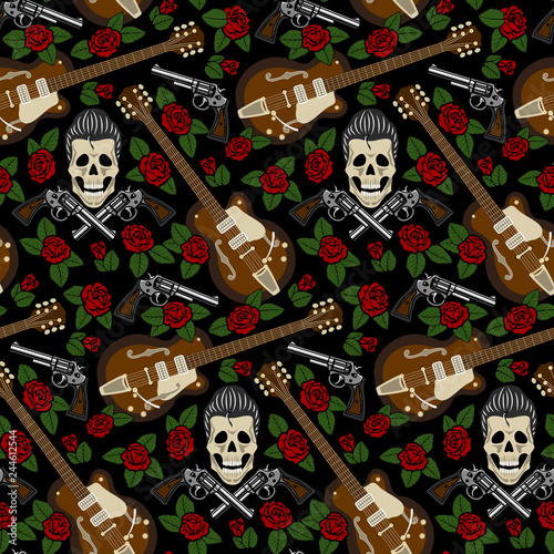 Rockabilly seamless pattern with skull, guns, guitar and roses