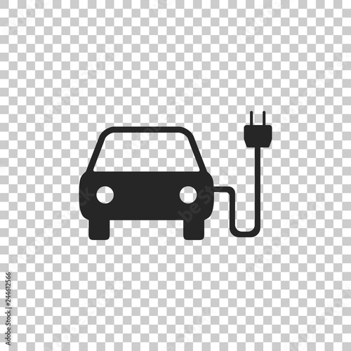 Electric car and electrical cable plug charging icon isolated on transparent background. Electric car charging sign. Renewable eco technologies. Flat design. Vector Illustration