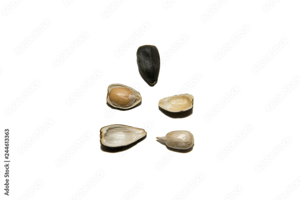 Sunflower seed. Open sunflower seeds. Seed husks. Isolated on white background. Sunflower seed. Open sunflower seeds. Seed husks. Isolated on white background.