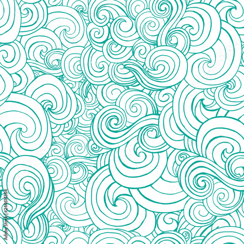Decorative ornamental turqiouse or blue waves in sketch style. Can be used for pillow fabric textile design. Vector seamless pattern