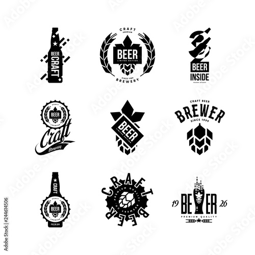 Modern craft beer drink isolated vector logo sign for bar, pub, store, brewhouse or brewery. Premium quality bottle and glass logotype emblem illustration set. Brewing fest t-shirt badge design bundle