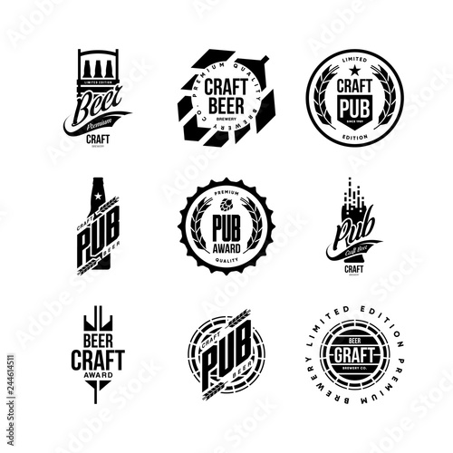 Modern craft beer drink isolated vector logo sign for bar, pub, store, brewhouse or brewery. Premium quality bottle, barrel logotype emblem illustration set. Brewing fest t-shirt badge design bundle.