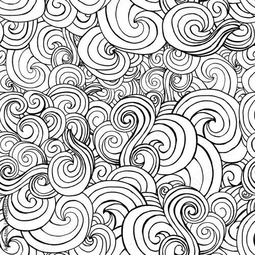 Seamless pattern with black and white stylized curls and waves for fabric textile design, pillow or wrapping. Vector illustration
