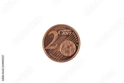 An extreme close up image of a copper colored two Euro cent coin in macro isolated on a white background