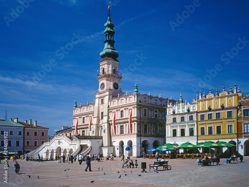 Zamosc town, lubelskie region, Poland - May 2008: main square and town halli in old town in Zamosc photo