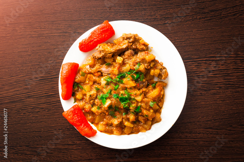 Traditional Hungarian goulash with pickled red pepper