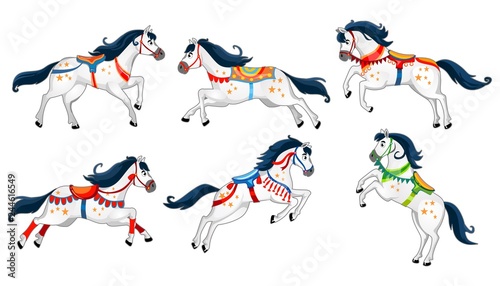 Set of cute cartoon horses isolated on white background. Running white vector horses for carousel, invitations, cards, posters etc.