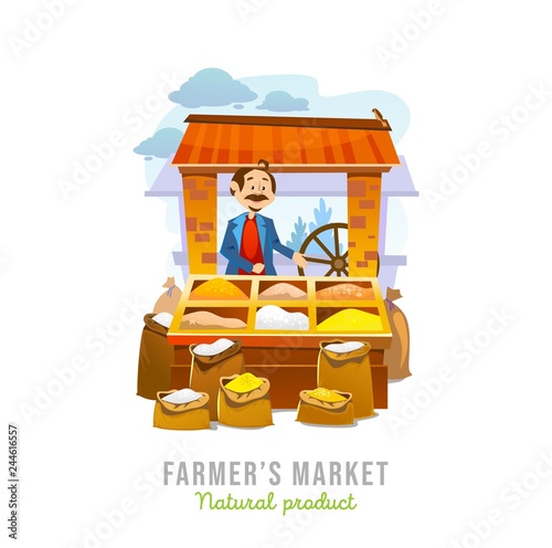 Grains market cartoon illustration. Local farmers business concept. Vector grains shop design.