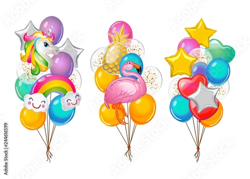 Set of cartoon balloons bunches isolated on white background. Flamingo, unicorn, rainbow and pineapple balloons. Vector illustration