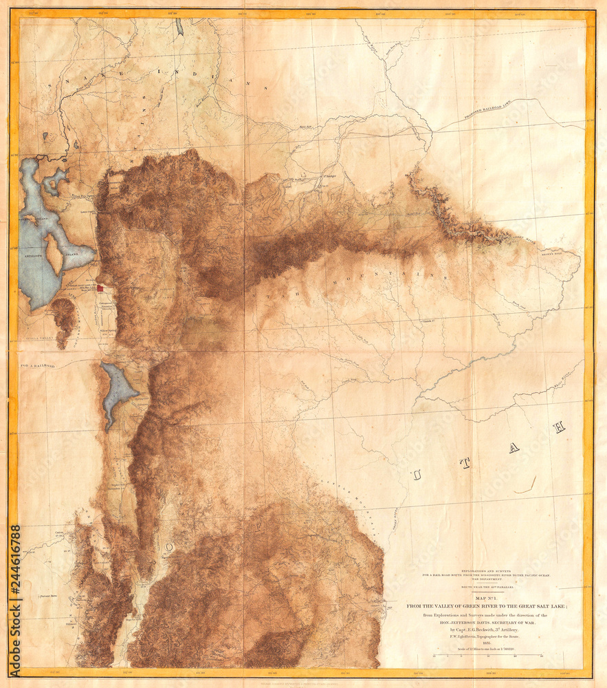 1855, Jefferson Davis Map of Utah, Salt Lake City, and the Green River Valley