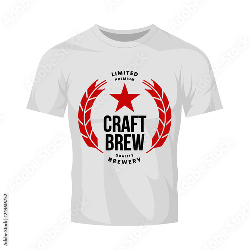 Modern craft beer drink vector logo sign for bar, pub, store, brewhouse or brewery isolated on white t-shirt mock up. Premium quality logotype emblem illustration. Brewing fest fashion badge design.