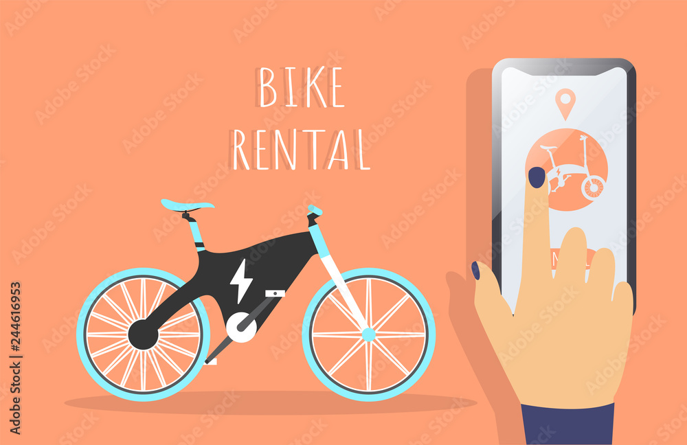 E-Bike. Bike rental. Rent bike. Electric Bike. Bicycle sign for web or  print. With Hand and phone. App. Orange background. Vector illustration.  Stock Vector | Adobe Stock