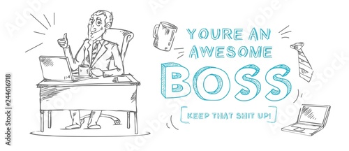 Boss day inspirational and motivational greeting card with inscription "You are an awesome boss!" and doodles. Greeting card or print for Boss's day. Vector illustration
