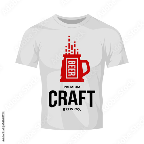 Modern craft beer drink vector logo sign for bar, pub, store, brewhouse or brewery isolated on white t-shirt mock up. Premium quality mug logotype illustration. Brewing fest fashion badge design.