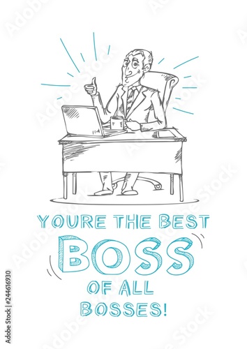 Boss day inspirational and motivational greeting card with inscription "Best boss of all bosses!" and doodles. Greeting card or print for Boss's day. Vector illustration