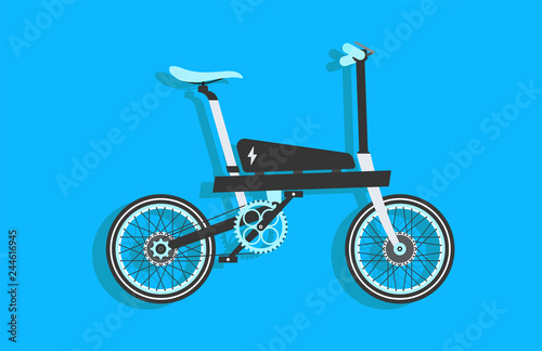 Bike white, blue and black. Electric Bike. Bicycle sign for web or print in flat design. Blue background. Vector illustration.
